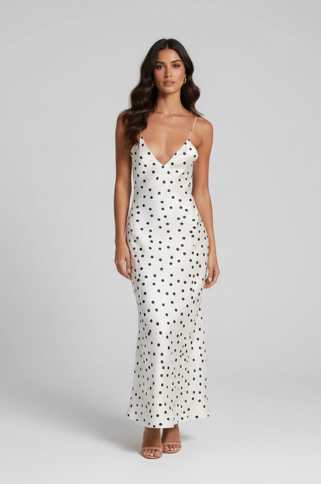 Woman wearing a white dress with black polka dots on a gray background