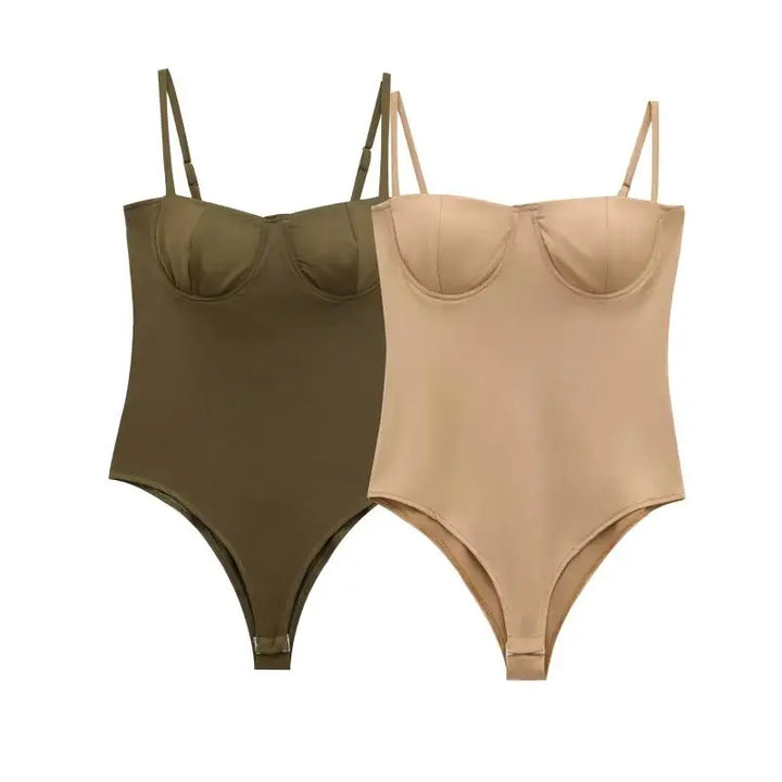 Two bodysuits, one olive green and one beige, on a white background.