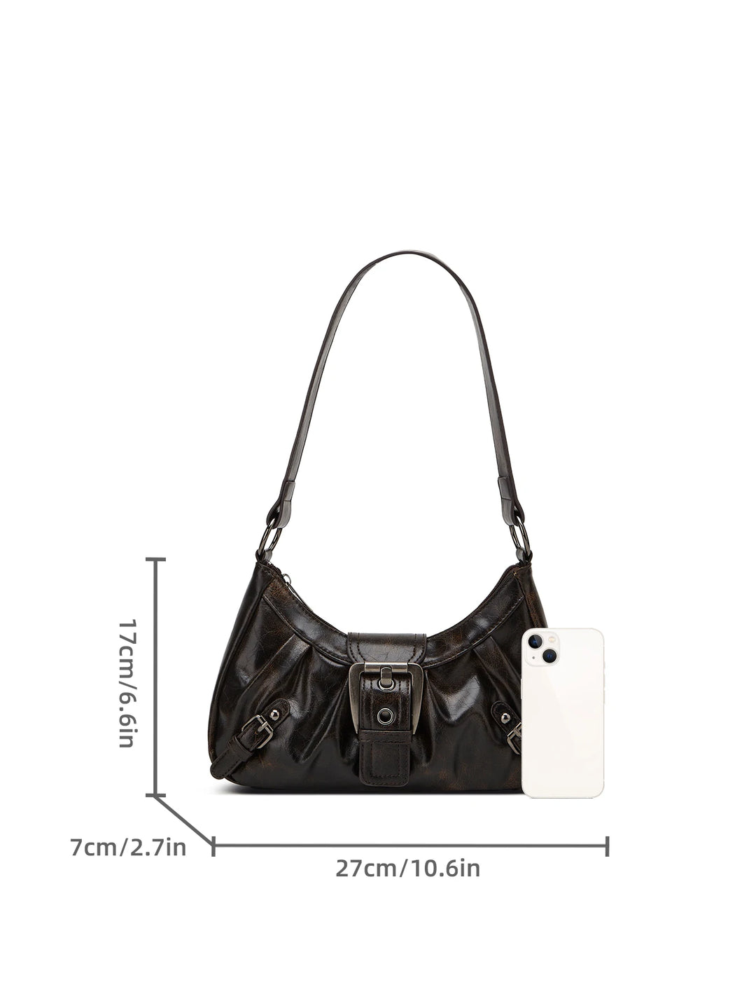 Black handbag with measurements on a white background
