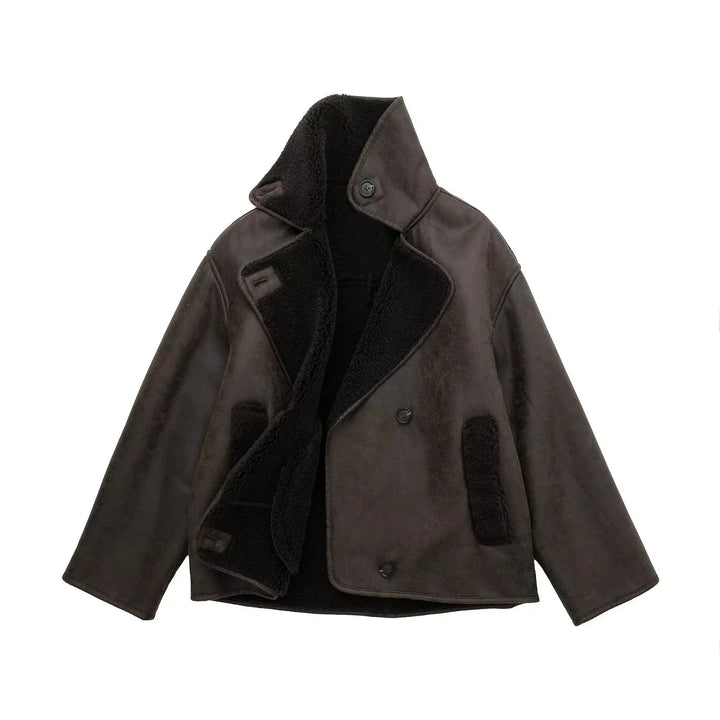 Dark brown leather jacket with black interior on a white background
