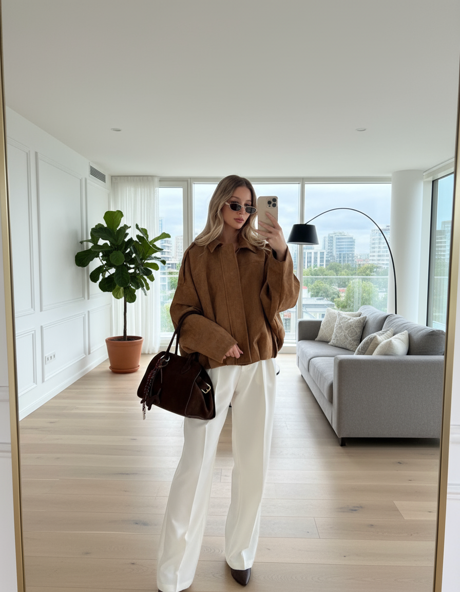 Woman taking a mirror selfie in a modern living room.